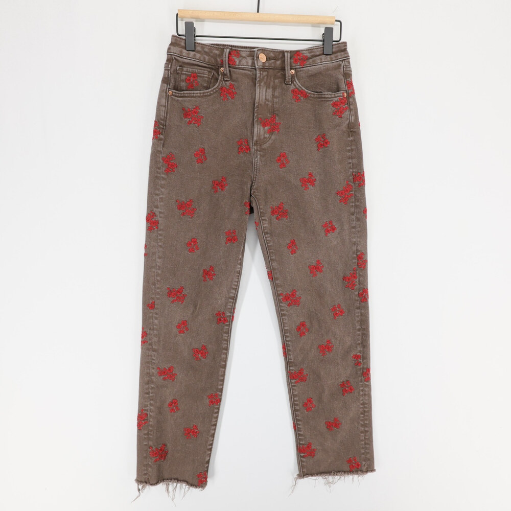 Driftwood Royce Jeans Womens 25 Brown Floral Embroidered Raw Hem Straight Leg